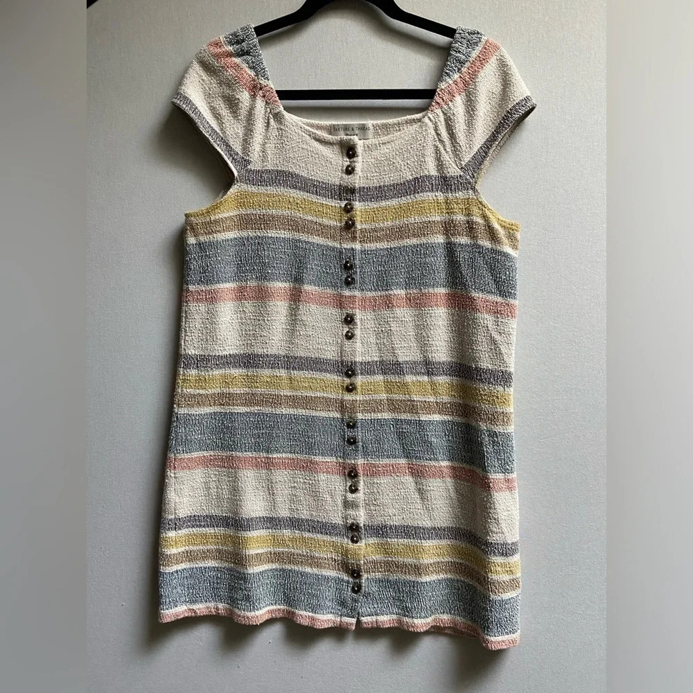 Madewell Texture & Thread Cap Sleeve Dress Stripe Button Front Casual M - Picture 2 of 10